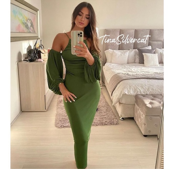 BLOGGERS FAVE!! Zara Long Dress With Gathered Details Green - Picture 4 of 17